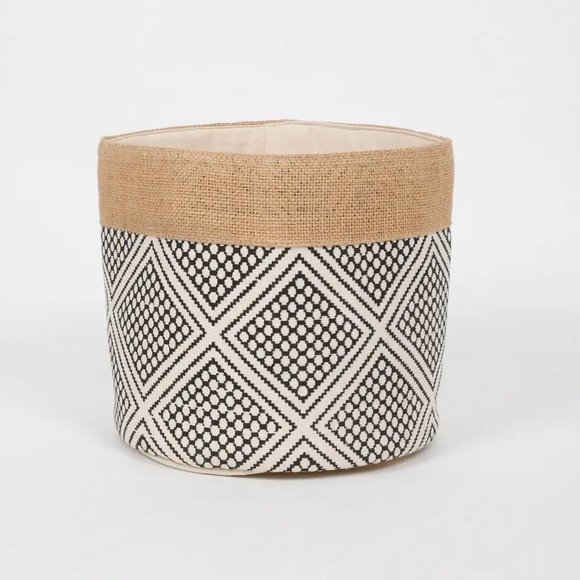 Jute Cotton fabric printed basket, squares, 8x8, off-white, brown, black - Picture 2 of 5